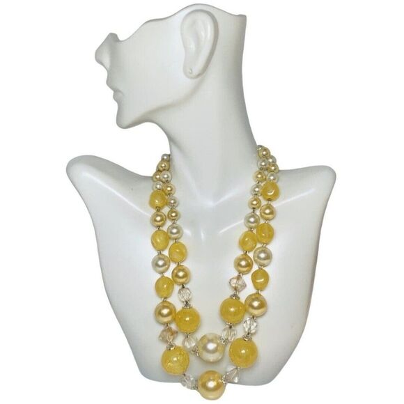 Japan Yellow Crackle Beaded Graduated Faux Pearl 2 Tier Silver Tone Necklace 16” - Picture 1 of 14